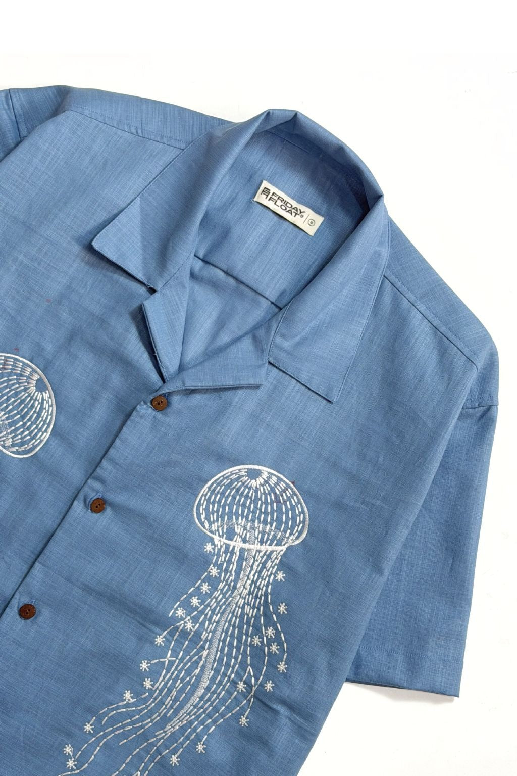 Premium Sky Blue Jellyfish Embroidered Resort Shirt – Linen Blend Half Sleeve Casual Shirt for Men