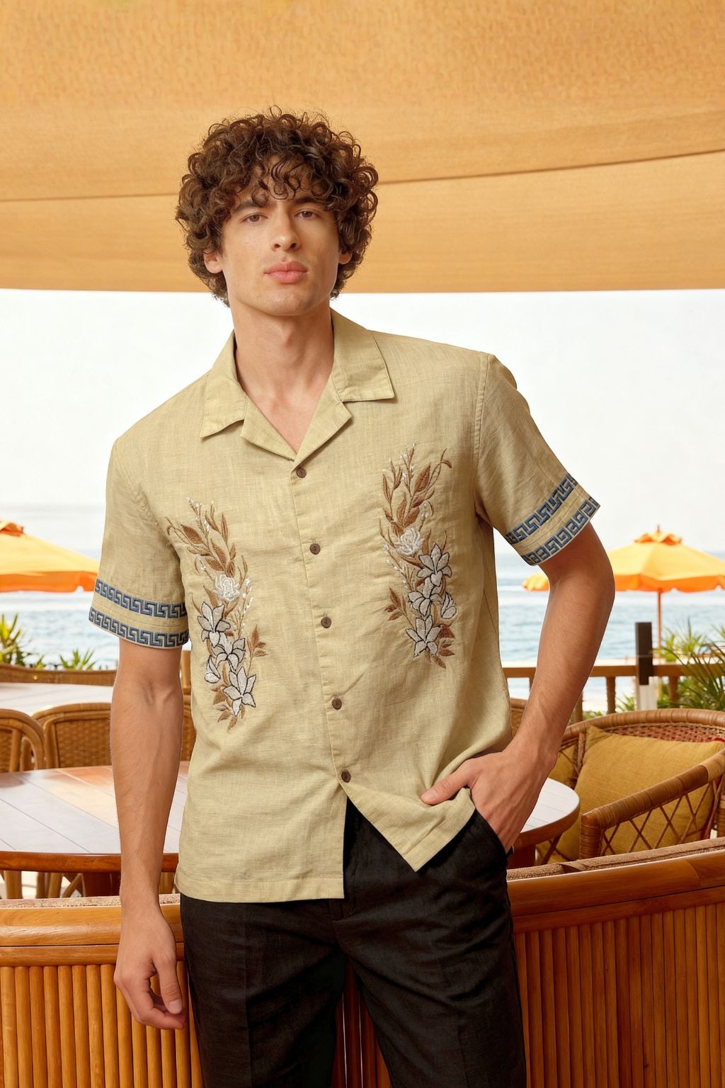 Premium Beige Floral Embroidered Resort Shirt – Linen Blend Half Sleeve Casual Shirt for Men