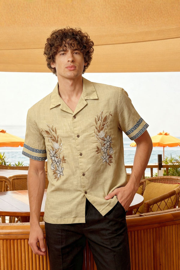 Premium Beige Floral Embroidered Resort Shirt – Linen Blend Half Sleeve Casual Shirt for Men