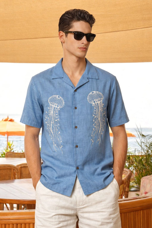 Premium Sky Blue Jellyfish Embroidered Resort Shirt – Linen Blend Half Sleeve Casual Shirt for Men