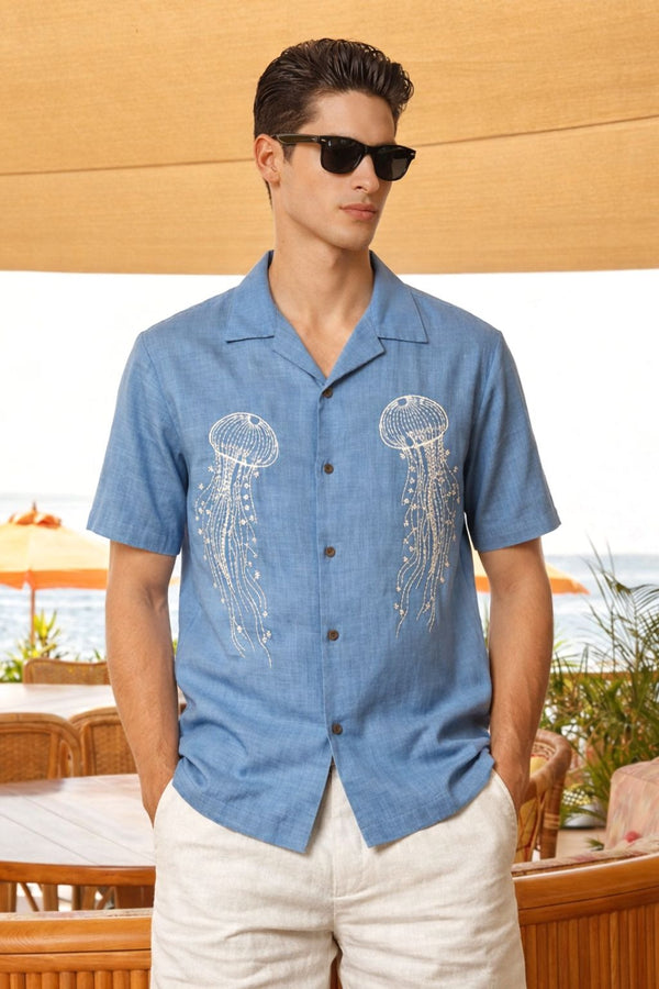 Premium Sky Blue Jellyfish Embroidered Resort Shirt – Linen Blend Half Sleeve Casual Shirt for Men