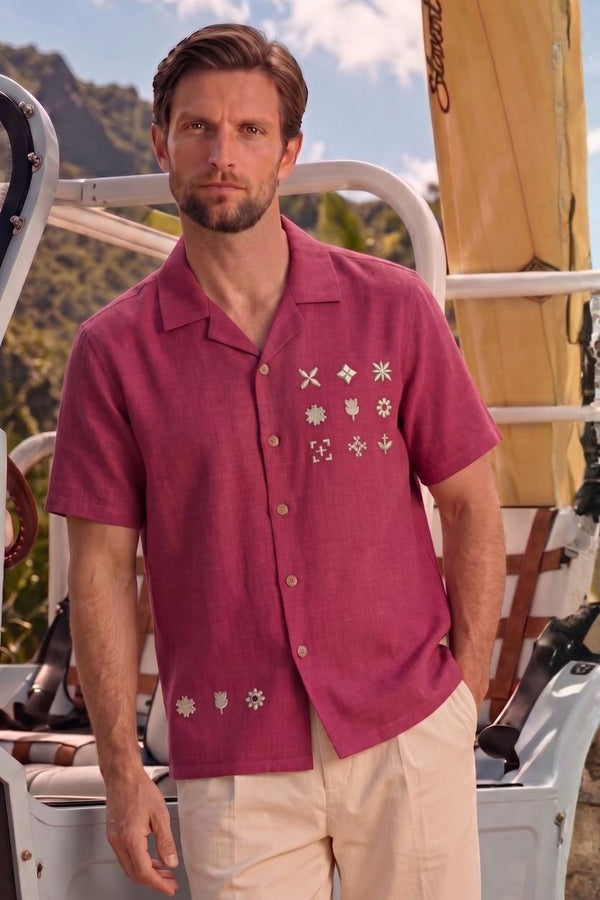 Premium Wine Red Embroidered Resort Shirt – Linen Blend Half Sleeve Casual Shirt for Men
