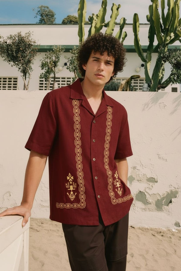 Premium Maroon Embroidered Resort Shirt – Linen Blend Half Sleeve Casual Shirt for Men