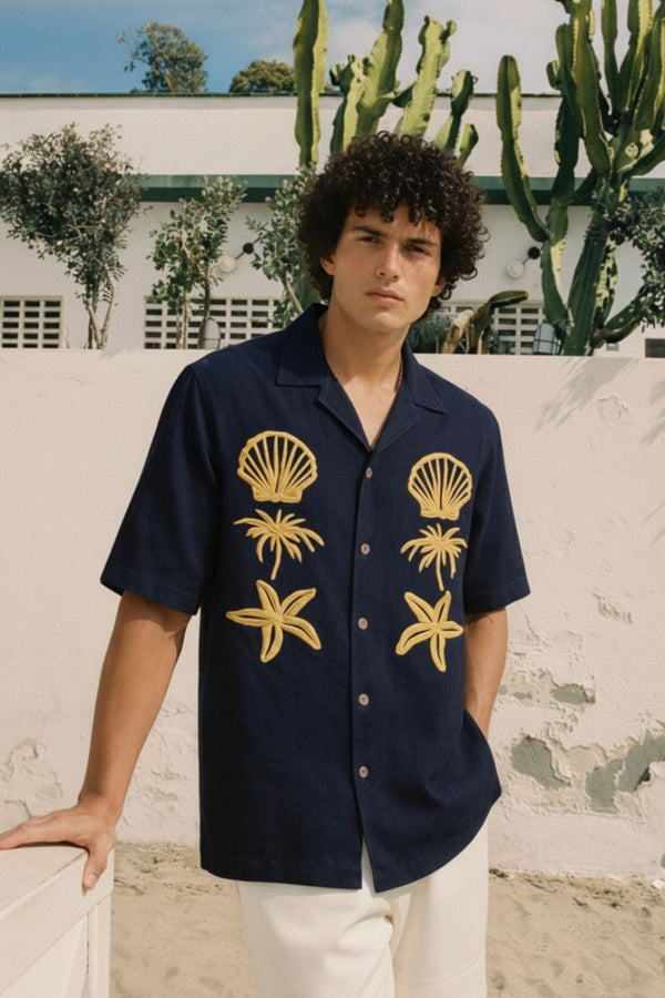 Premium Navy Blue Embroidered Resort Shirt – Tropical Beach Casual Half Sleeve Shirt for Men