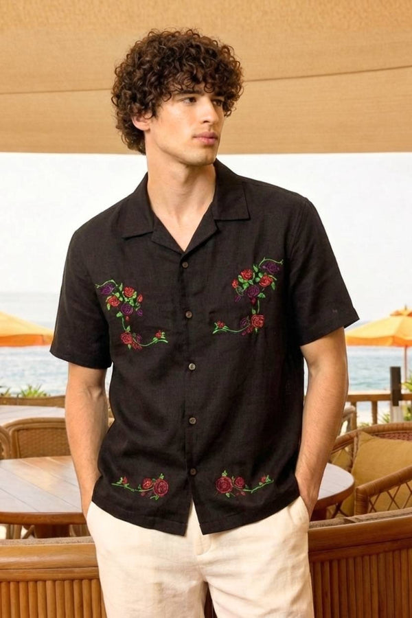 Premium Black Floral Embroidered Resort Shirt – Linen Blend Half Sleeve Casual Shirt for Men