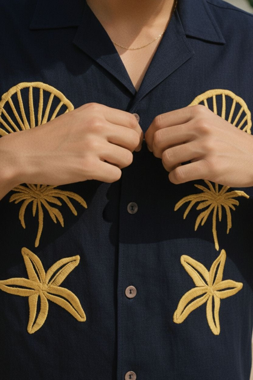 Premium Navy Blue Embroidered Resort Shirt – Tropical Beach Casual Half Sleeve Shirt for Men