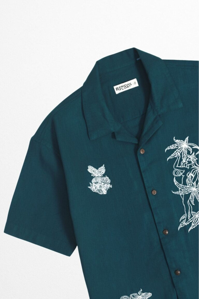 Premium Teal Blue Embroidered Resort Shirt – Linen Blend Half Sleeve Casual Shirt for Men