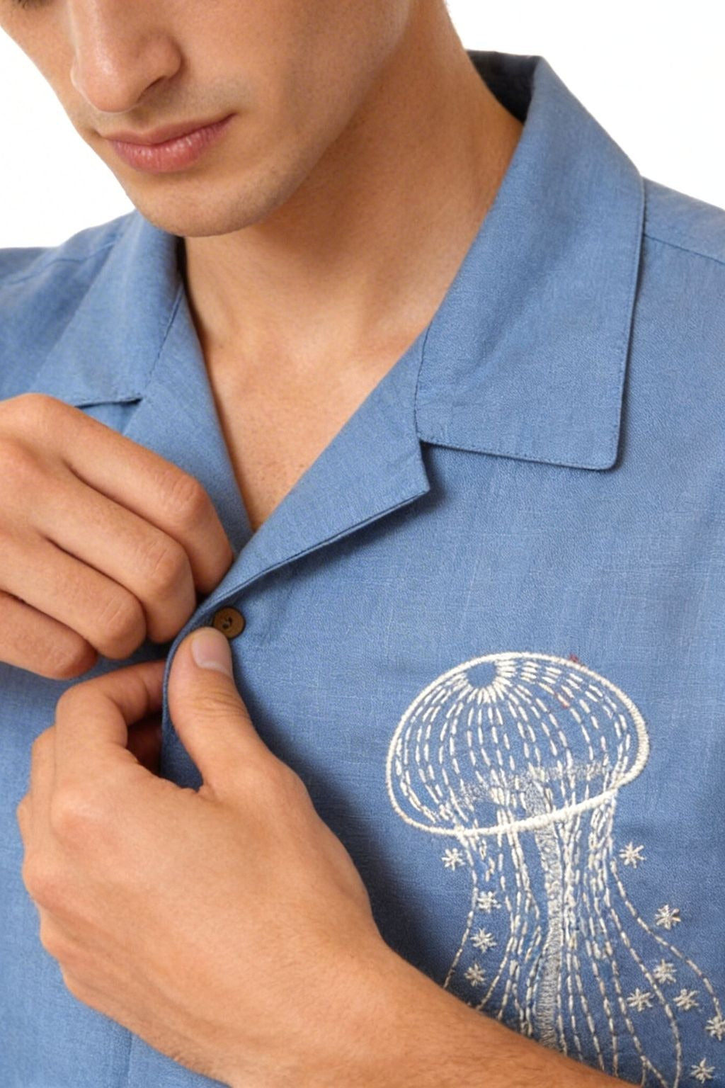 Premium Sky Blue Jellyfish Embroidered Resort Shirt – Linen Blend Half Sleeve Casual Shirt for Men
