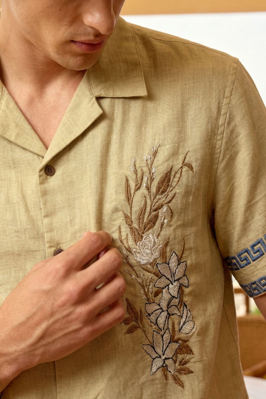 Premium Beige Floral Embroidered Resort Shirt – Linen Blend Half Sleeve Casual Shirt for Men