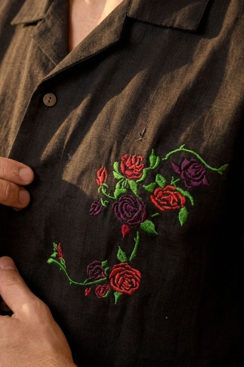 Premium Black Floral Embroidered Resort Shirt – Linen Blend Half Sleeve Casual Shirt for Men