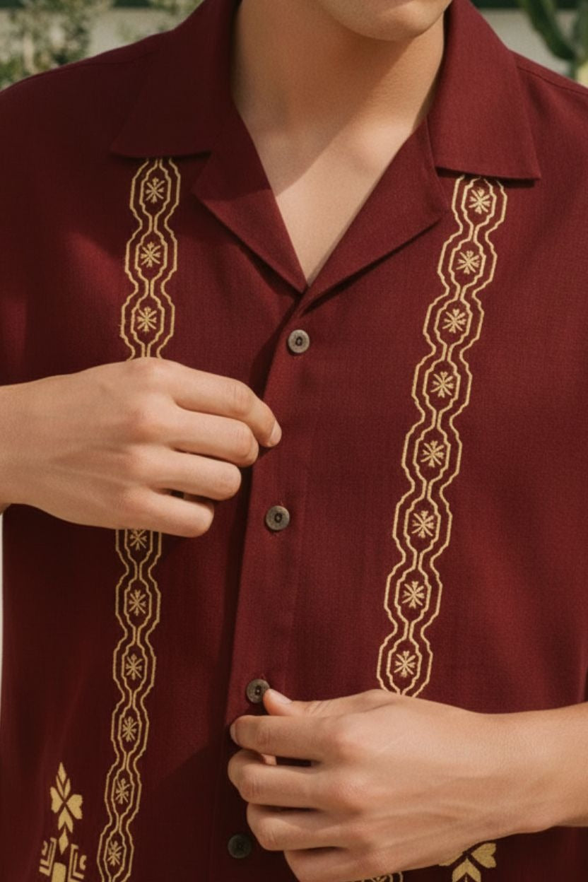 Premium Maroon Embroidered Resort Shirt – Linen Blend Half Sleeve Casual Shirt for Men