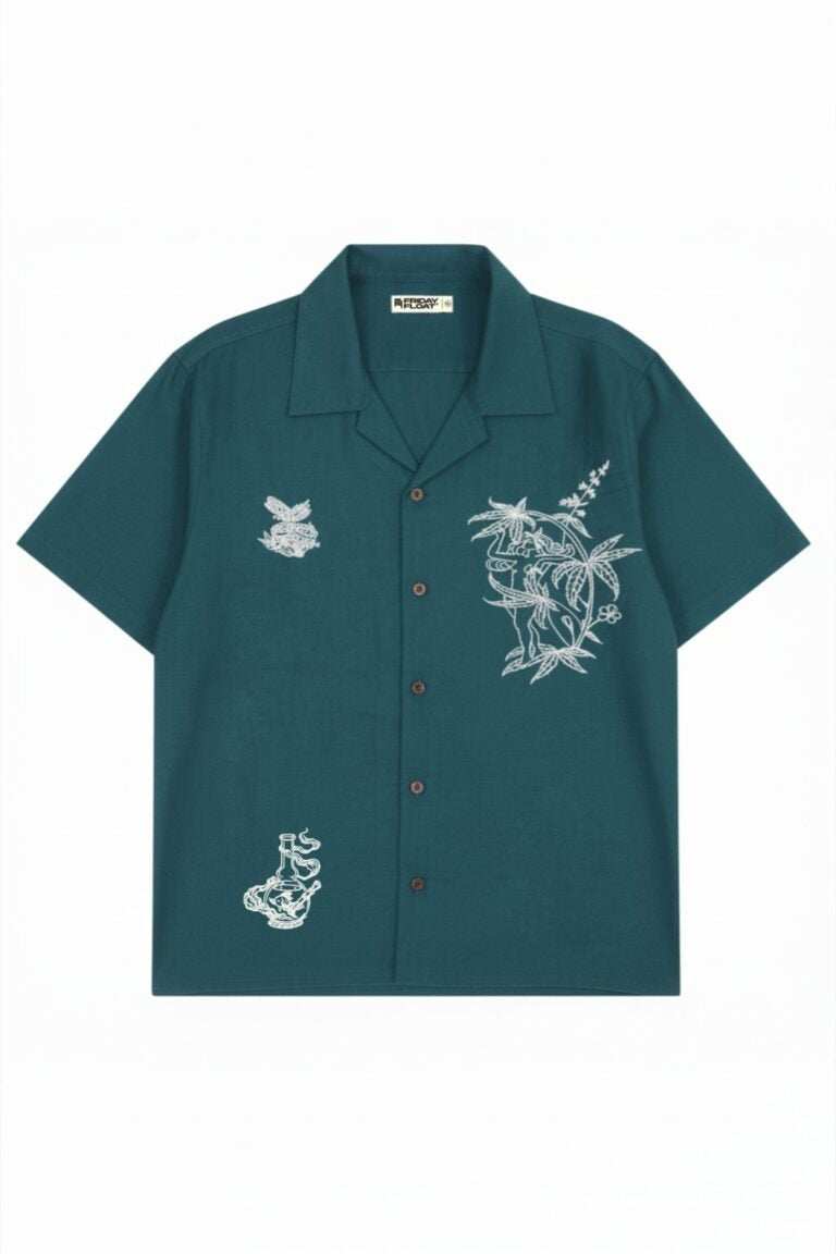 Premium Teal Blue Embroidered Resort Shirt – Linen Blend Half Sleeve Casual Shirt for Men