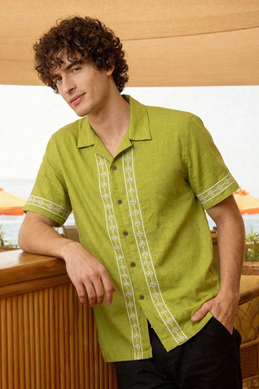 Premium Linen Embroidered Half Sleeve Shirt – Olive Green Casual Resort Wear for Men