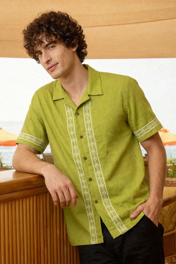 Premium Linen Embroidered Half Sleeve Shirt – Olive Green Casual Resort Wear for Men