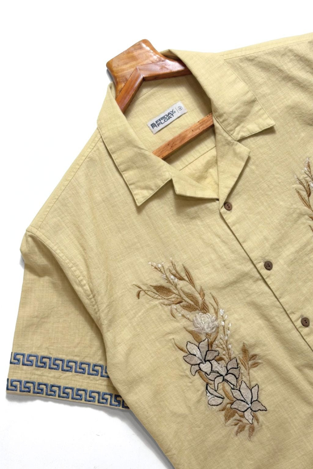 Premium Beige Floral Embroidered Resort Shirt – Linen Blend Half Sleeve Casual Shirt for Men