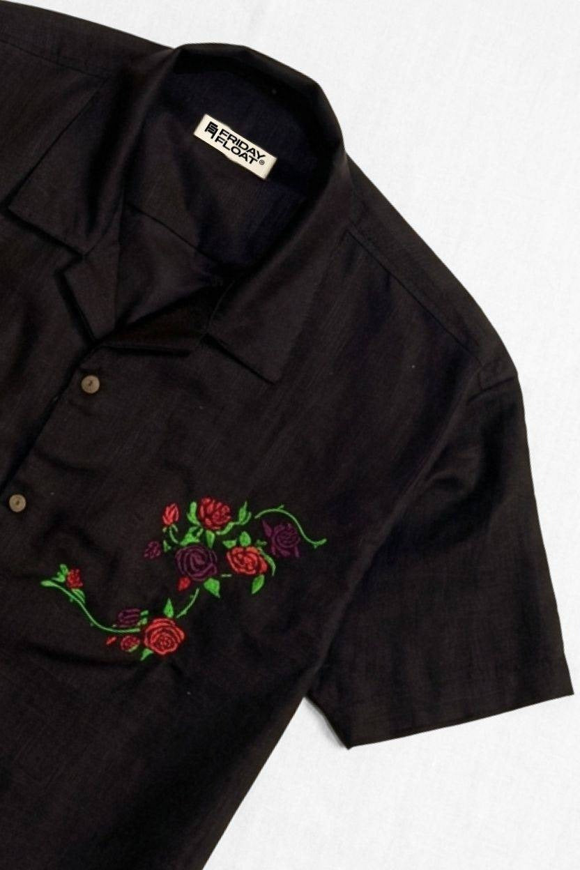 Premium Black Floral Embroidered Resort Shirt – Linen Blend Half Sleeve Casual Shirt for Men