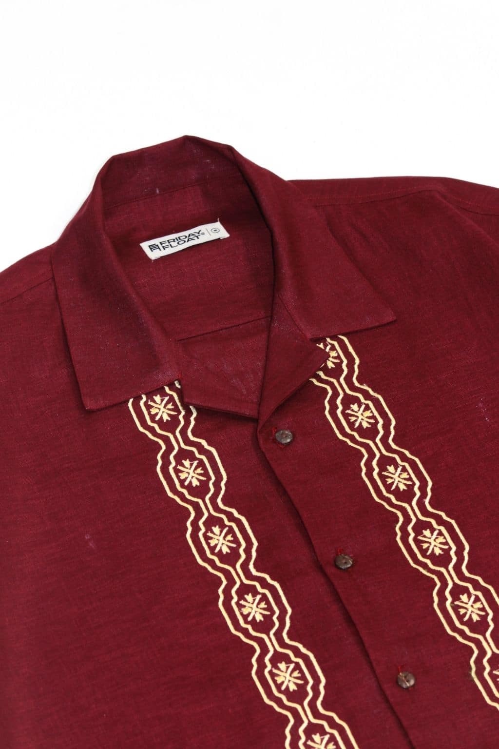 Premium Maroon Embroidered Resort Shirt – Linen Blend Half Sleeve Casual Shirt for Men